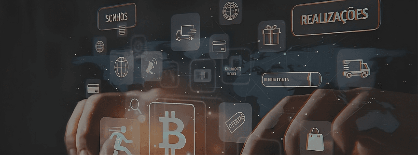 An abstract, technological background image showing hands interacting with a futuristic digital interface, representing strategy and growth.